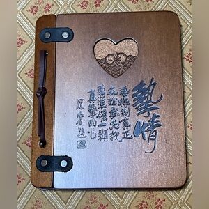 Wooden with Leather-Bound Photo Album with Heart Cutout and Chinese Script